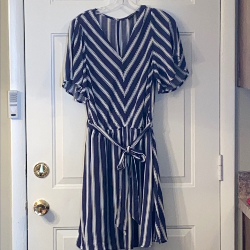 Navy & White Stripe V Neck Dress with Tie Belt